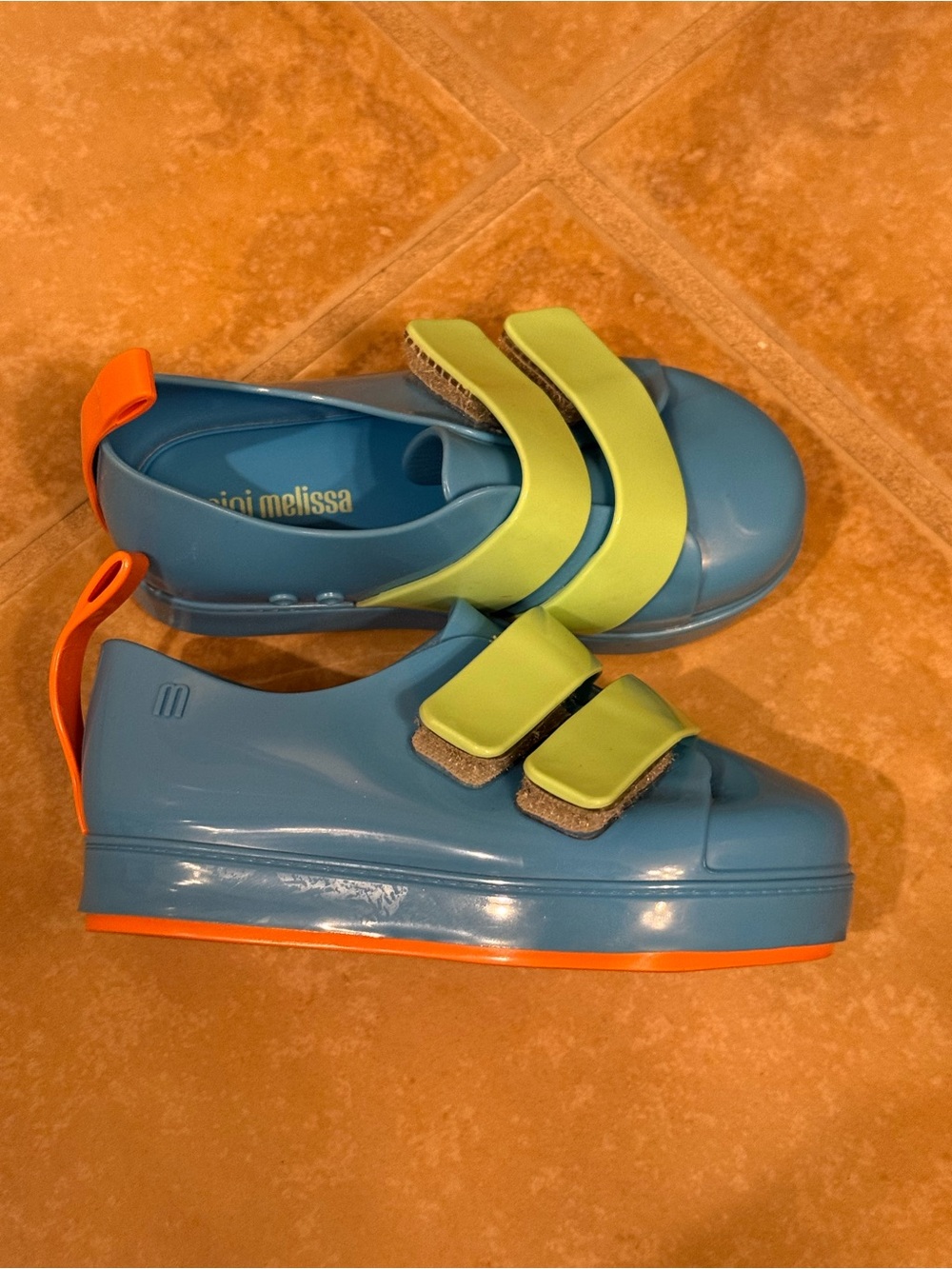 Mini Melissa Blue Shoes with Lime Straps and Orange Trim